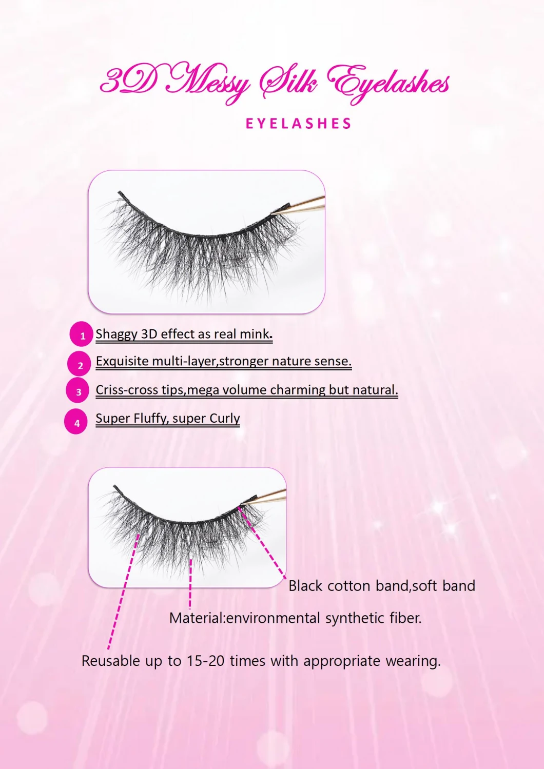 Free Sample 3D Vegan 15mm Silk False Eyelashes with Private Label Cases, Black Cottton Band